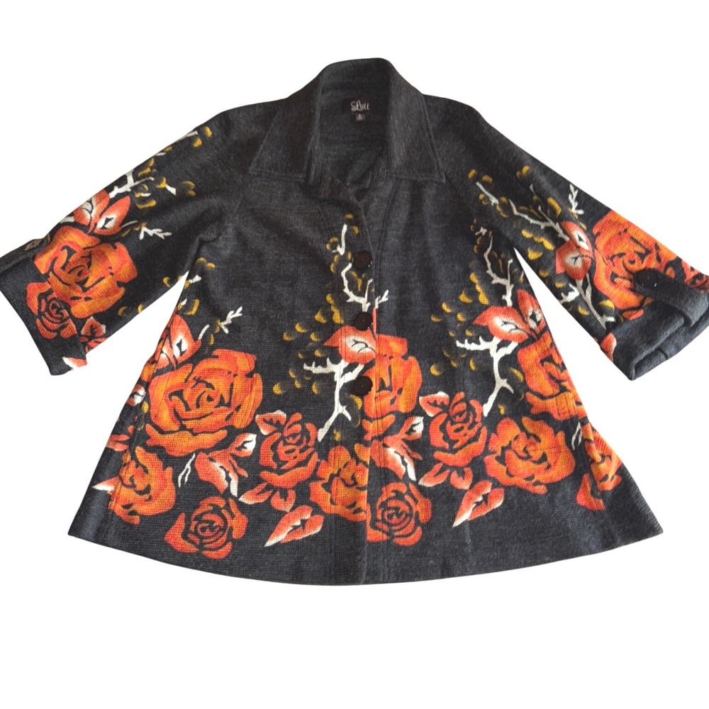 Luii Wool Blend sz Small Charcoal grey sweater cardigan jacket fall floral
